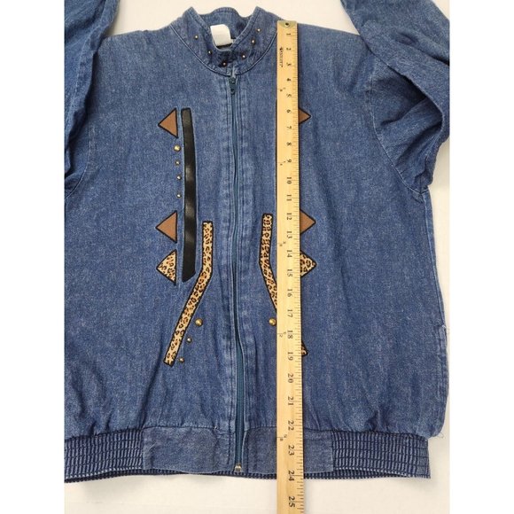 Denim Jacket Vtg Womens Sz S Faux Leather & Animal Print Applique Studs Zip Up - Picture 9 of 9